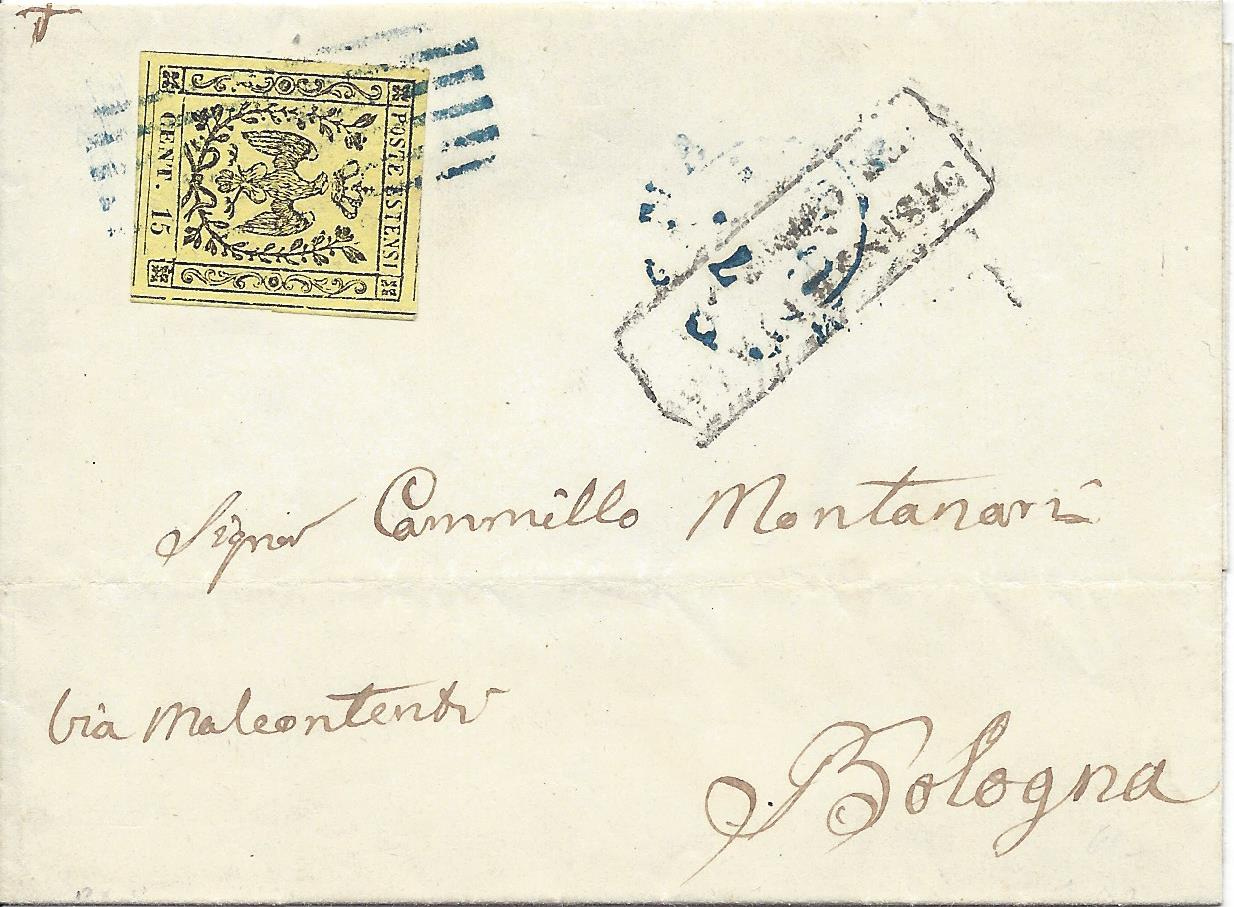 1855 cover sent from Modena to Bologna, in the Papal States