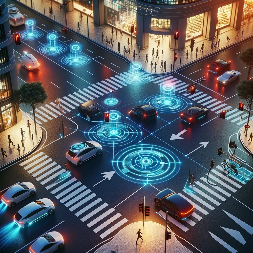 A bird’s eye view of a futuristic city intersection at dusk, showcasing multiple autonomous vehicles with LiDAR systems. The scene captures the seamless integration of advanced technology with urban life, featuring illuminated streets, vehicles, and pedestrians crossing at well-marked crosswalks under the glow of street and vehicle lights.