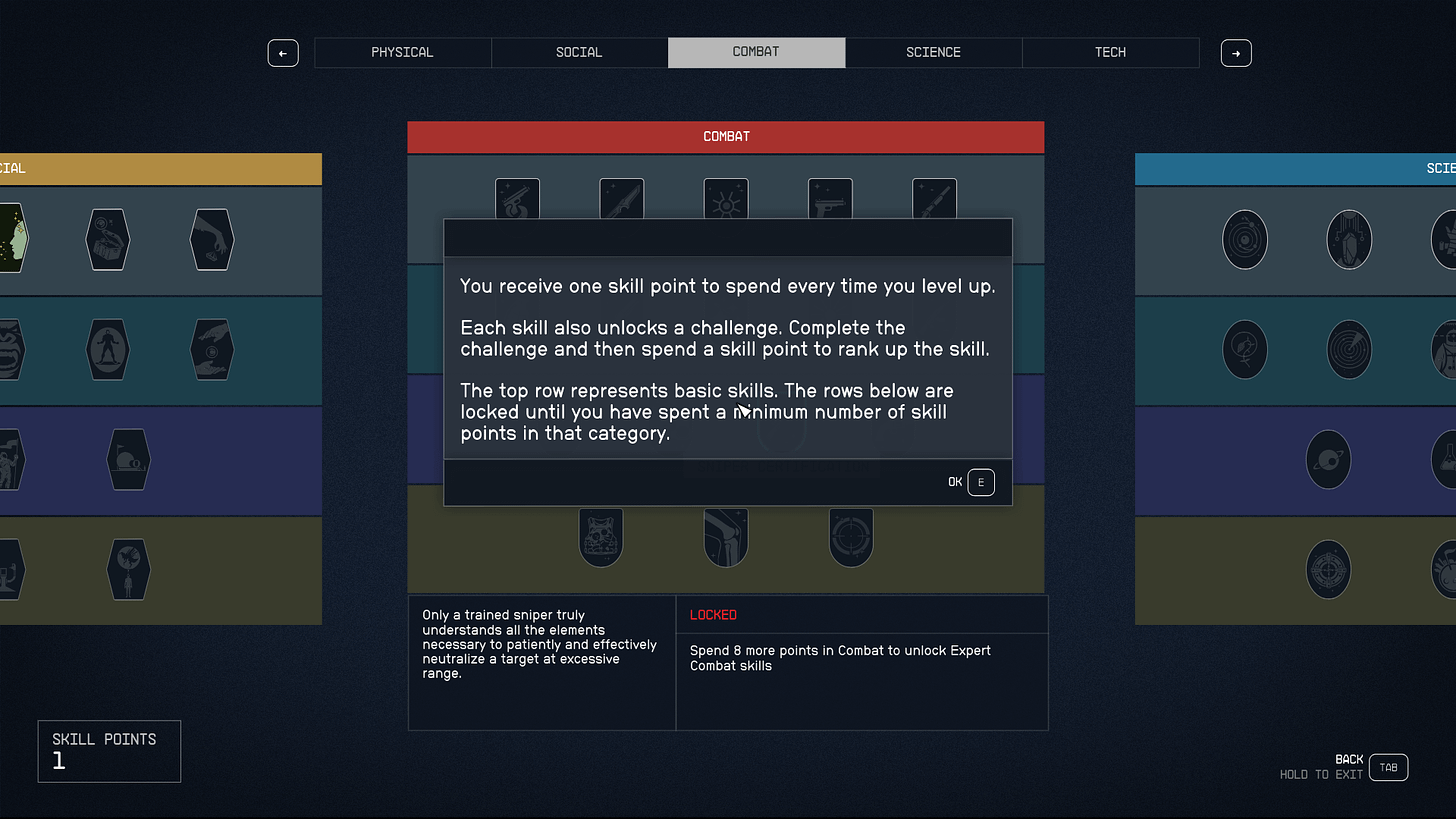 The Starfield skill tree, specifically Combat