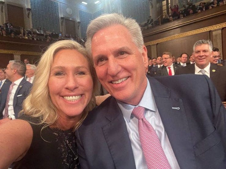 Following The 15th vote which made him Speaker of the House, the GOP Leader posted this selfie with election denier Marjorie Taylor Greene. For the past 4 years, Greene had no committee assignments.