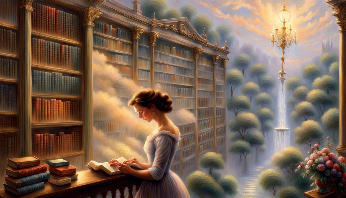 Large library of books, woman gazing at the books in wonder