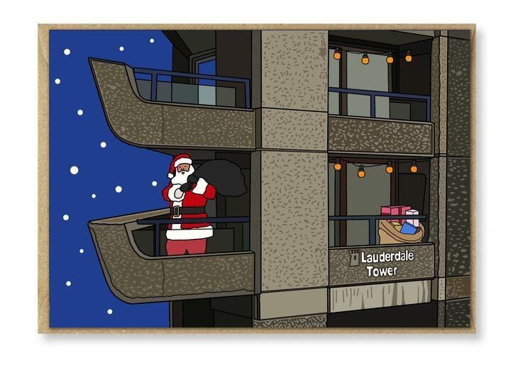 An illustration of Santa visiting a flat in Barbican's Lauderdale Tower