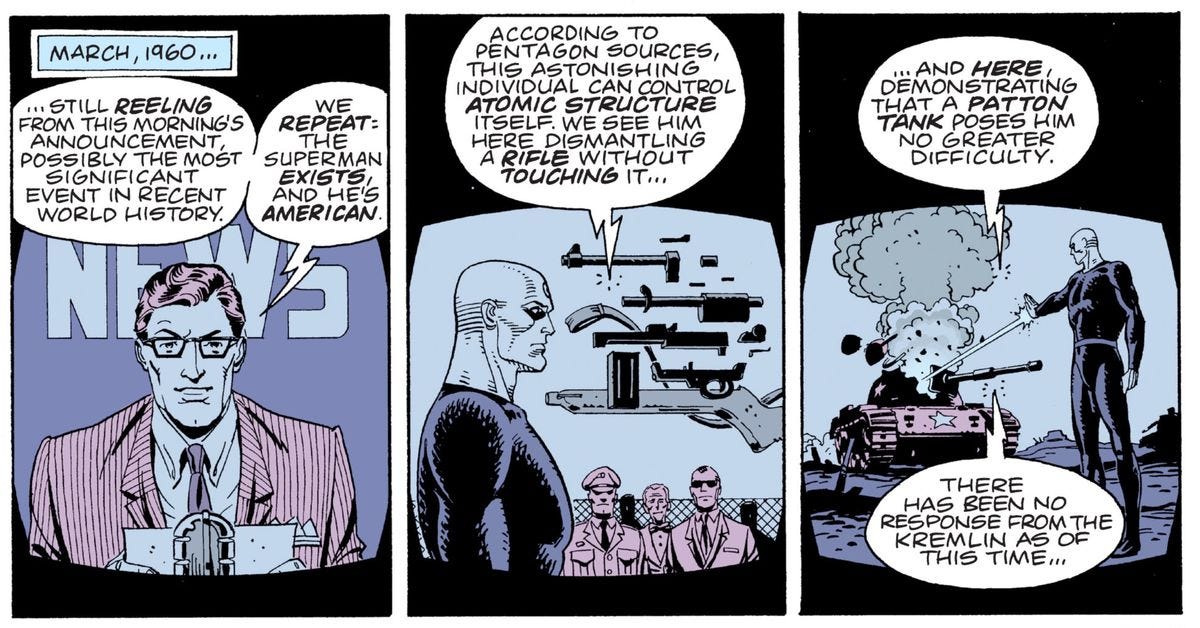 A March 1960 news report revealing a staged military recording of Doctor Manhattan’s abilities. He dismantles a gun with his thoughts, and blasts the top off a tank with a ray from his hand, in Watchmen, DC Comics (1987). 