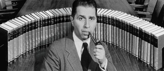 Black and white advertisement photo for the Great Books of the Western World featuring a photo of Mortimer J. Adler holding a pipe to his mouth superimposed over an arched display of the 54 books in the series behind him 