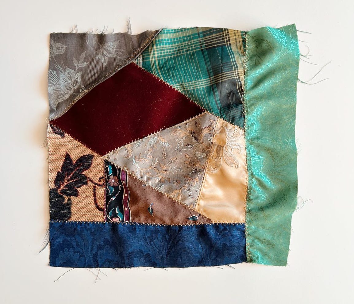 Crazy quilted square with velvet, satin, silk and brocade and gold thread