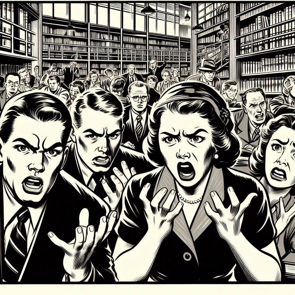 Angry, bewildered students and professors in a library, done in the style of a mid-twentieth century black and white line drawing propaganda poster.