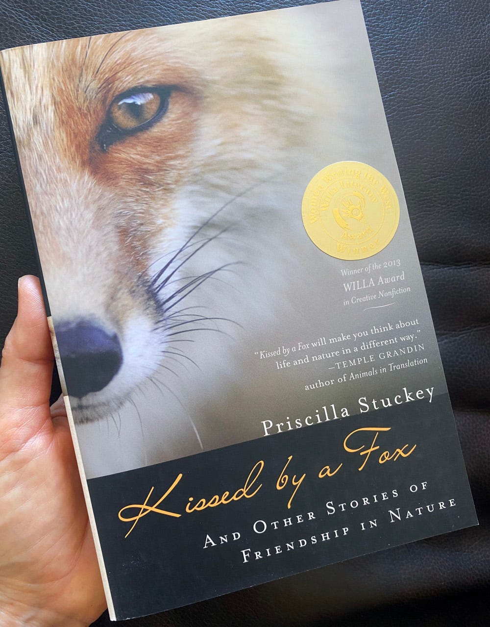 A hand holds a copy of Kissed by a Fox up to the camera. The cover shows a very close portrait of half of a red fox's face.