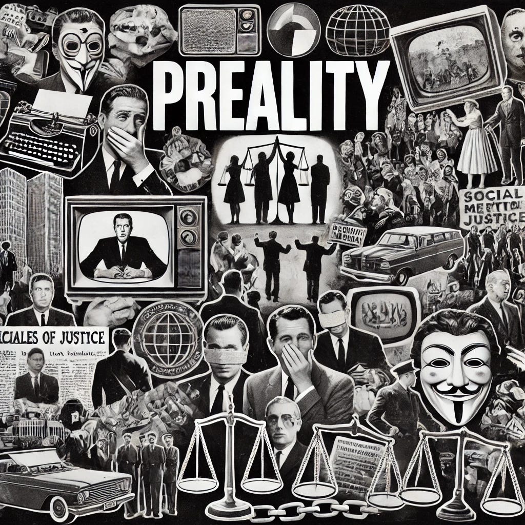 A 1960s-style black and white montage filled with cut-out images of objects, people, and activities that reflect themes of media control, political manipulation, and social activism, similar to the previous image. The word 'PREALITY' in all caps should be prominently featured at an upward sloping angle in the center of the image, in the foreground. The montage should include TV sets showing different channels, microphones, newspapers, typewriters, early computers with internet imagery, scales of justice, propaganda posters, surveillance cameras, chains and locks, and masks. People featured should include journalists with press badges, politicians giving speeches, protestors holding blank signs, judges in robes, scientists in lab coats, social media influencers, TV anchors, lawyers in courtrooms, celebrities at a press conference, and activists with megaphones. Activities should depict acts of censorship like covering someone's mouth, bustling newsrooms, courtroom scenes, secret meetings behind closed doors, street protests, parliamentary debates, medical trials or labs in action, people scrolling on social media, interviews being conducted, and surveillance operations. The entire space should be densely covered with these elements, creating a complex and chaotic visual representation of the discussed themes.