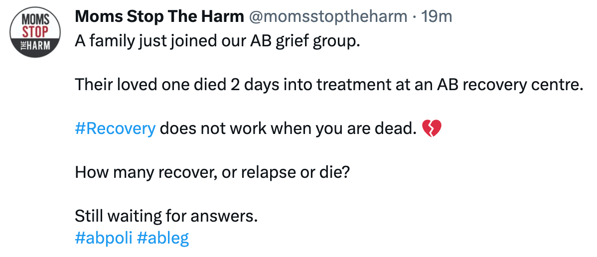 tweet from moms stop the harm discussing a family who just joined their Alberta grief group after losing a loved one two days into a residential treatment program.