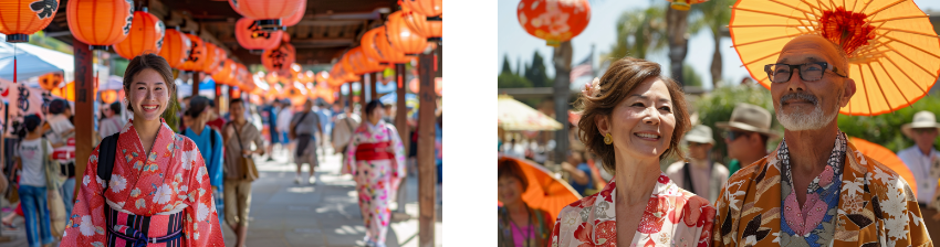 On the left, a woman in a red floral kimono smiles while walking under a canopy of vibrant orange lanterns, surrounded by a crowd of people. On the right, a woman and a man, both in colorful kimonos, walk together outside, shaded by bright orange parasols, with other people in the background enjoying the sunny day.
