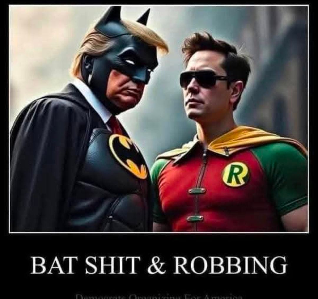 May be an image of 2 people, Superman and text that says 'R BAT SHIT & ROBBING'
