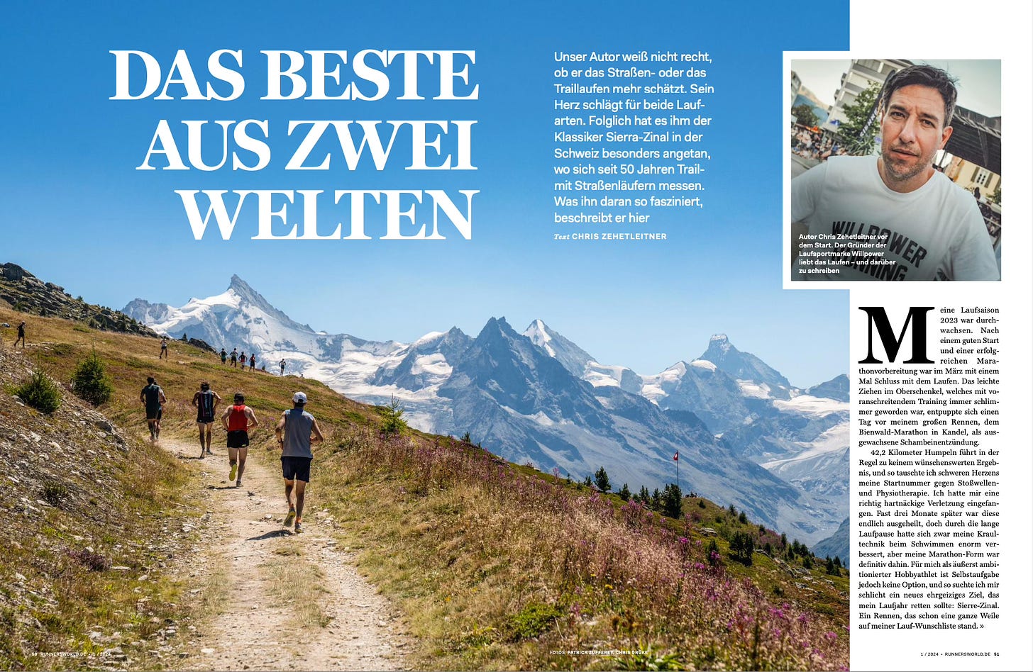 Double page of Runner's world magazine, showing a mountain range in the canton Valais with runners participating the Sierre-Zinal race