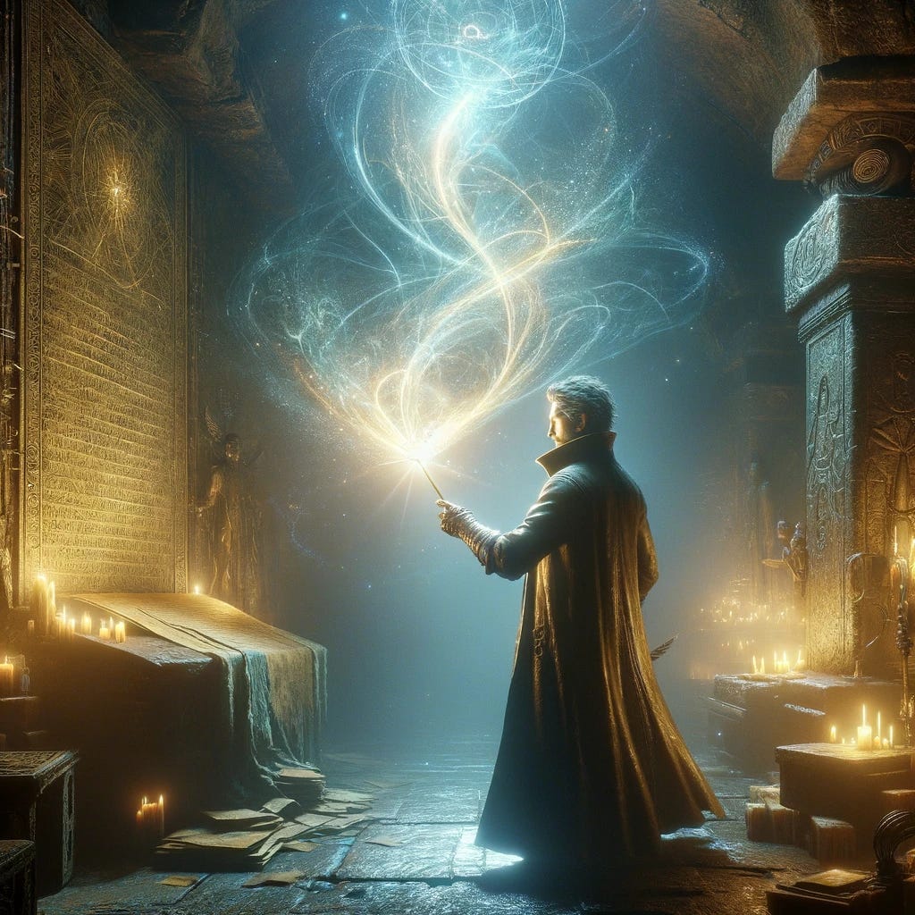 In the mystical, dimly lit interior of an ancient tomb, filled with arcane symbols and artifacts, a figure stands holding a glowing, ethereal Quill that vibrates with powerful energy. This man, named Soros, is surrounded by a visible aura of magic, indicating a moment of significant power. The Quill, alive with energy, hums in the air, and as it touches the parchment, light emanates, suggesting the passage of days with each letter written. The scene is charged with the anticipation of immense power being unleashed, with the atmosphere reflecting a blend of ancient wisdom and the potential for monumental change.