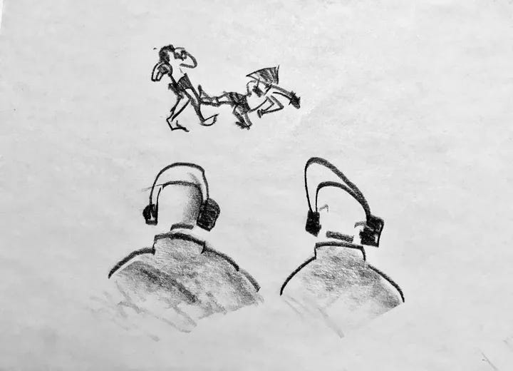 Illustration of two UFC commentators watching a fight.