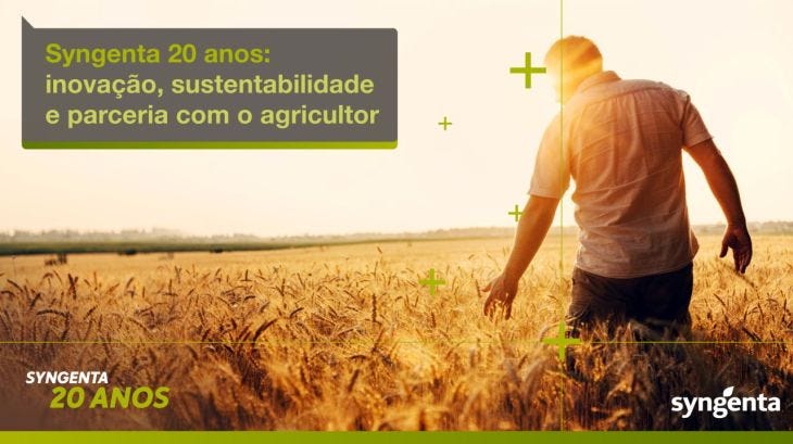 Foto de homem de costas em plantação de trigo, com o sol se pondo no horizonte. "Syngenta 20 anos: inovação, sustentabilidade e parceria com o agricultor".