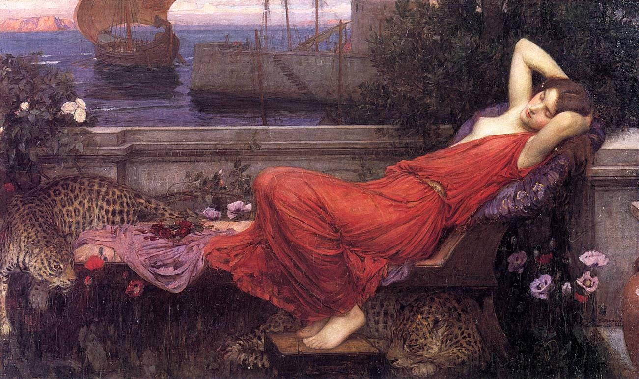 A painting of a Greek woman, Ariadne, reclining sensually in a red dress, surrounded by docile leopards.