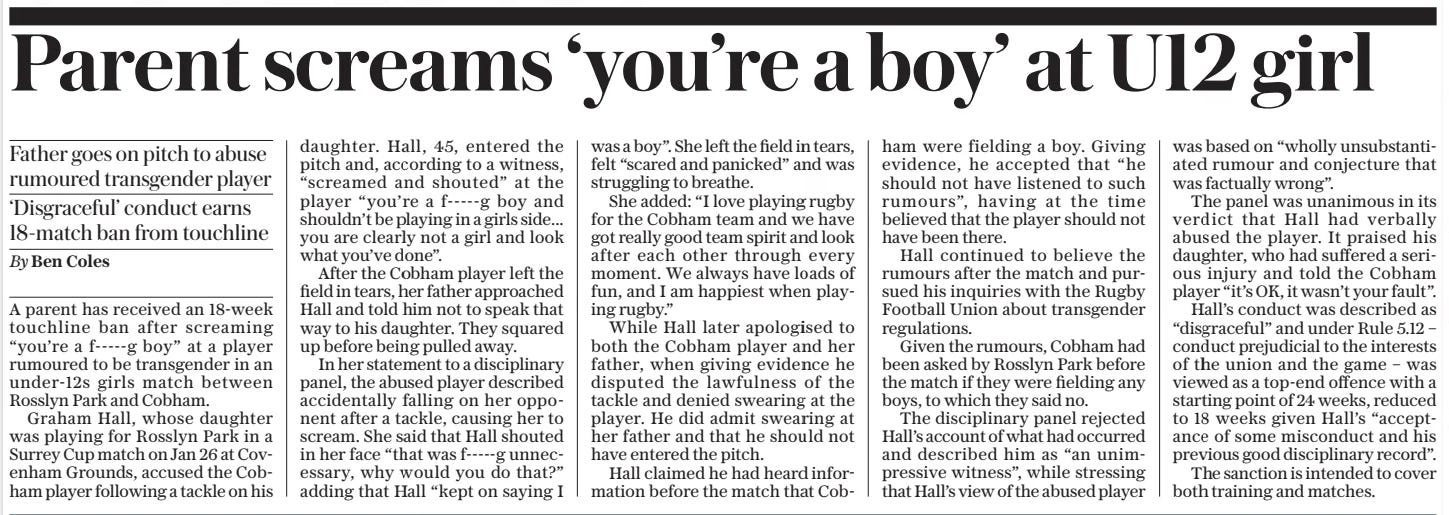 Parent screams ‘you’re a boy’ at U12 girl Father goes on pitch to abuse rumoured transgender player ‘Disgraceful’ conduct earns 18-match ban from touchline The Daily Telegraph - Saturday29 Mar 2025By Ben Coles  Chip and charge: Henry Pollock bursts through Sale’s defence to score a stunning solo try for Northampton A parent has received an 18-week touchline ban after screaming “you’re a f-----g boy” at a player rumoured to be transgender in an under-12s girls match between Rosslyn Park and Cobham.  Graham Hall, whose daughter was playing for Rosslyn Park in a Surrey Cup match on Jan 26 at Covenham Grounds, accused the Cobham player following a tackle on his daughter. Hall, 45, entered the pitch and, according to a witness, “screamed and shouted” at the player “you’re a f-----g boy and shouldn’t be playing in a girls side... you are clearly not a girl and look what you’ve done”.  After the Cobham player left the field in tears, her father approached Hall and told him not to speak that way to his daughter. They squared up before being pulled away.  In her statement to a disciplinary panel, the abused player described accidentally falling on her opponent after a tackle, causing her to scream. She said that Hall shouted in her face “that was f-----g unnecessary, why would you do that?” adding that Hall “kept on saying I was a boy”. She left the field in tears, felt “scared and panicked” and was struggling to breathe.  She added: “I love playing rugby for the Cobham team and we have got really good team spirit and look after each other through every moment. We always have loads of fun, and I am happiest when playing rugby.”  While Hall later apologised to both the Cobham player and her father, when giving evidence he disputed the lawfulness of the tackle and denied swearing at the player. He did admit swearing at her father and that he should not have entered the pitch.  Hall claimed he had heard information before the match that Cobham  were fielding a boy. Giving evidence, he accepted that “he should not have listened to such rumours”, having at the time believed that the player should not have been there.  Hall continued to believe the rumours after the match and pursued his inquiries with the Rugby Football Union about transgender regulations.  Given the rumours, Cobham had been asked by Rosslyn Park before the match if they were fielding any boys, to which they said no.  The disciplinary panel rejected Hall’s account of what had occurred and described him as “an unimpressive witness”, while stressing that Hall’s view of the abused player was based on “wholly unsubstantiated rumour and conjecture that was factually wrong”.  The panel was unanimous in its verdict that Hall had verbally abused the player. It praised his daughter, who had suffered a serious injury and told the Cobham player “it’s OK, it wasn’t your fault”.  Hall’s conduct was described as “disgraceful” and under Rule 5.12 – conduct prejudicial to the interests of the union and the game – was viewed as a top-end offence with a starting point of 24 weeks, reduced to 18 weeks given Hall’s “acceptance of some misconduct and his previous good disciplinary record”.  The sanction is intended to cover both training and matches.  Article Name:Parent screams ‘you’re a boy’ at U12 girl Publication:The Daily Telegraph - Saturday Author:By Ben Coles Start Page:10 End Page:10