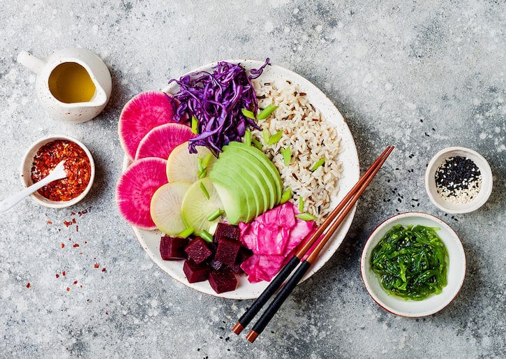 Vegan Bowl With Avocado, Beet, Red Cabbage, Radishes