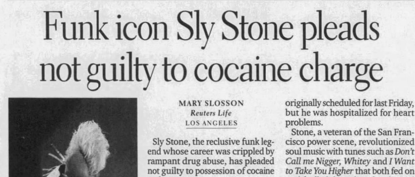 Headline about Sly Stone drug trial