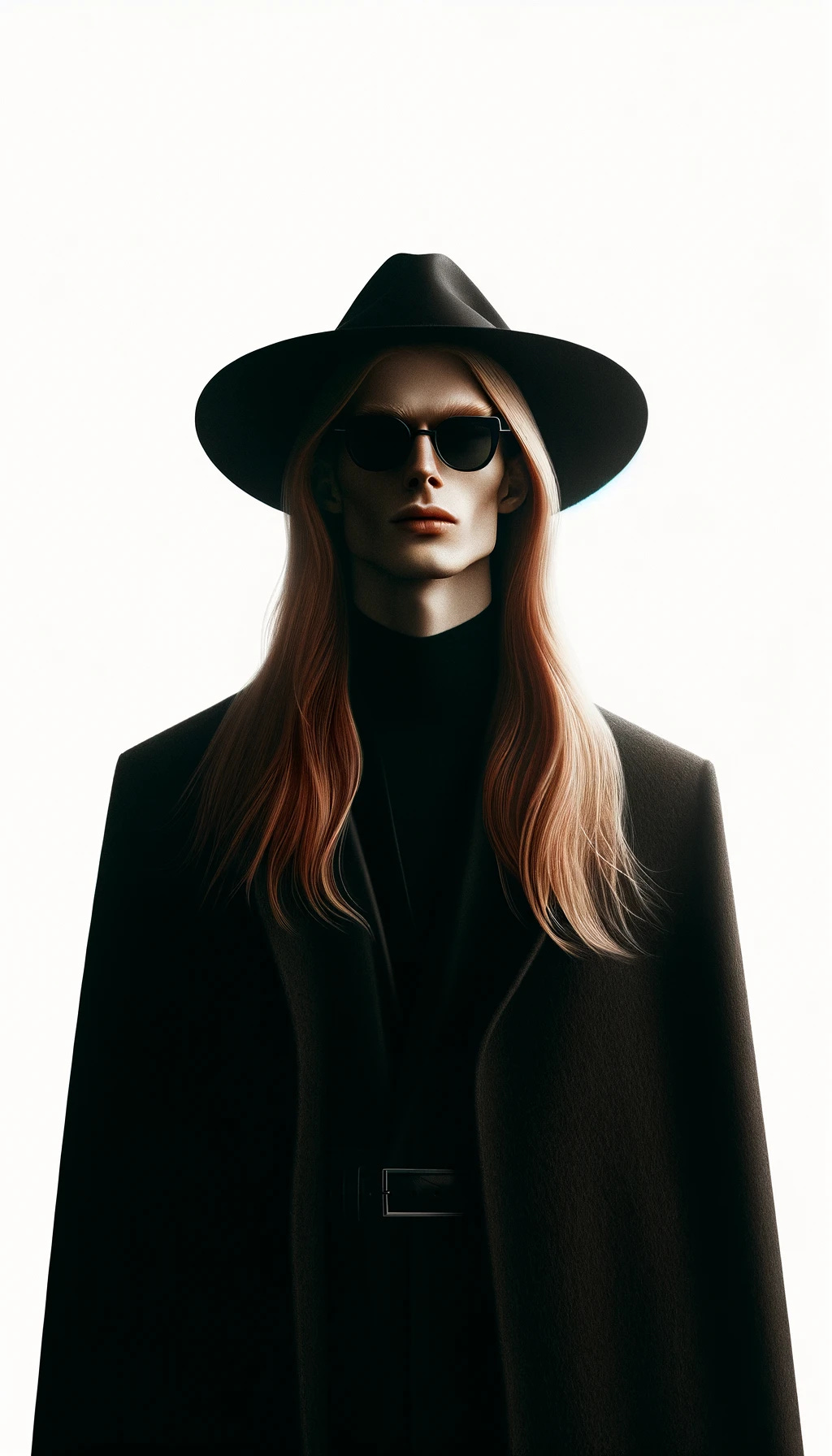 A minimalist fashion portrait with a stark white background, featuring a lithe red-blonde long-haired man with high cheekbones and an angular jawline. The style is ultra-flat with no shadows or highlights, giving it an illustrative look. He's wearing movie star sunglasses, a wide-brimmed dark hat, a cloak-like astrakhan coat, and polished black calfskin leather Italian boots. The image emphasizes simplicity and flatness, capturing the essence of a bold, dramatic fashion statement.