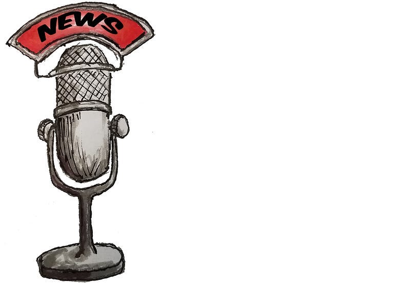 Cartoon image of an old time radio microphone with the word “News” across the top.