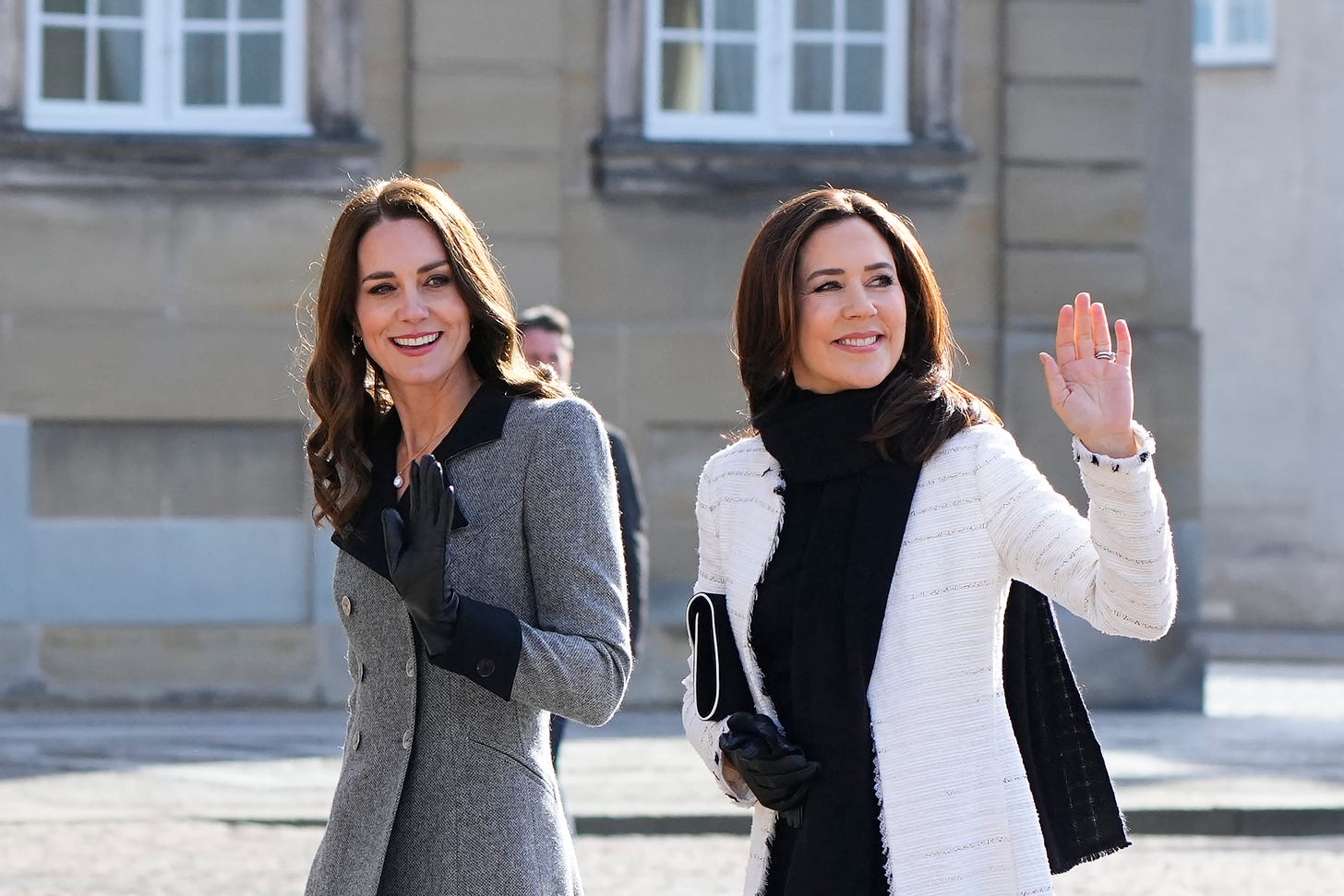 kate middleton and princess mary of denmark wave to cameras