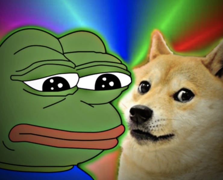 Before the pandemic, Pepe served as a somewhat controversial mascot for Internet consciousness, but since Elon started backing Dogecoin, Doge has inched ahead on the strength of its broad appeal