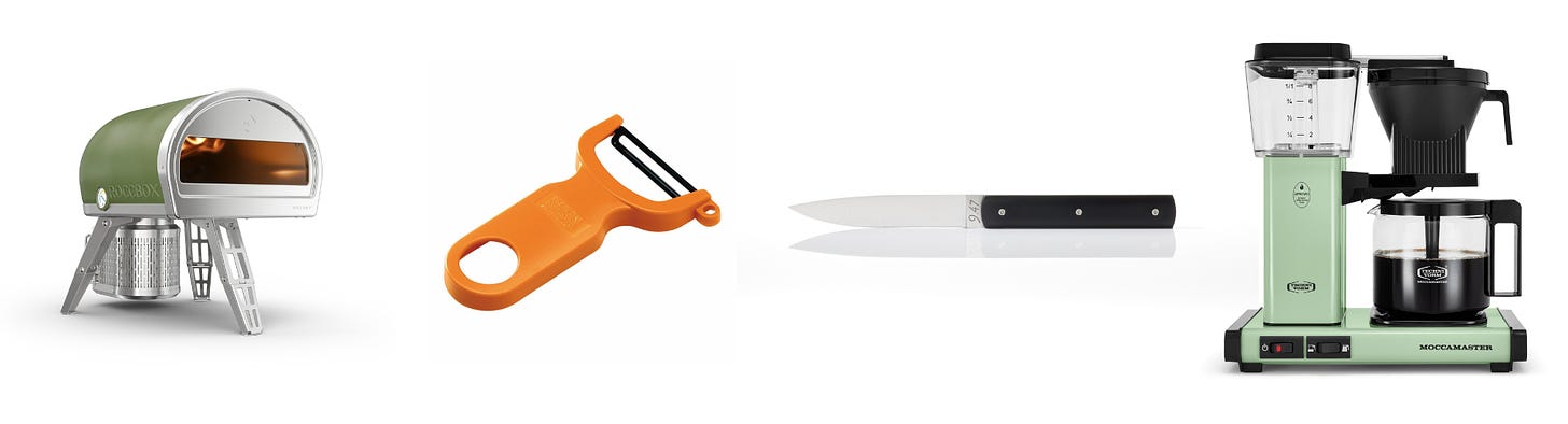 From left to right: A Gozney Roccbox pizza oven, a Kuhn Rikon y-peeler, a Perceval steak knife, and a Moccamaster coffee maker