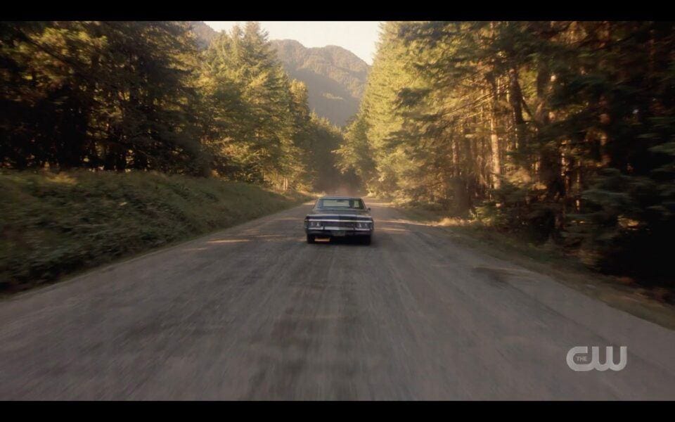 SPN Impala roaring down road as Sam Winchester is dying