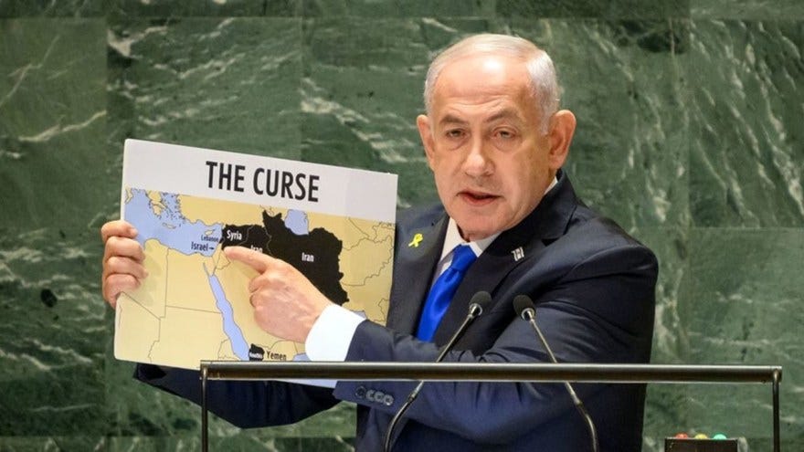 Netanyahu UN speech 2024 map Israel erase Palestine