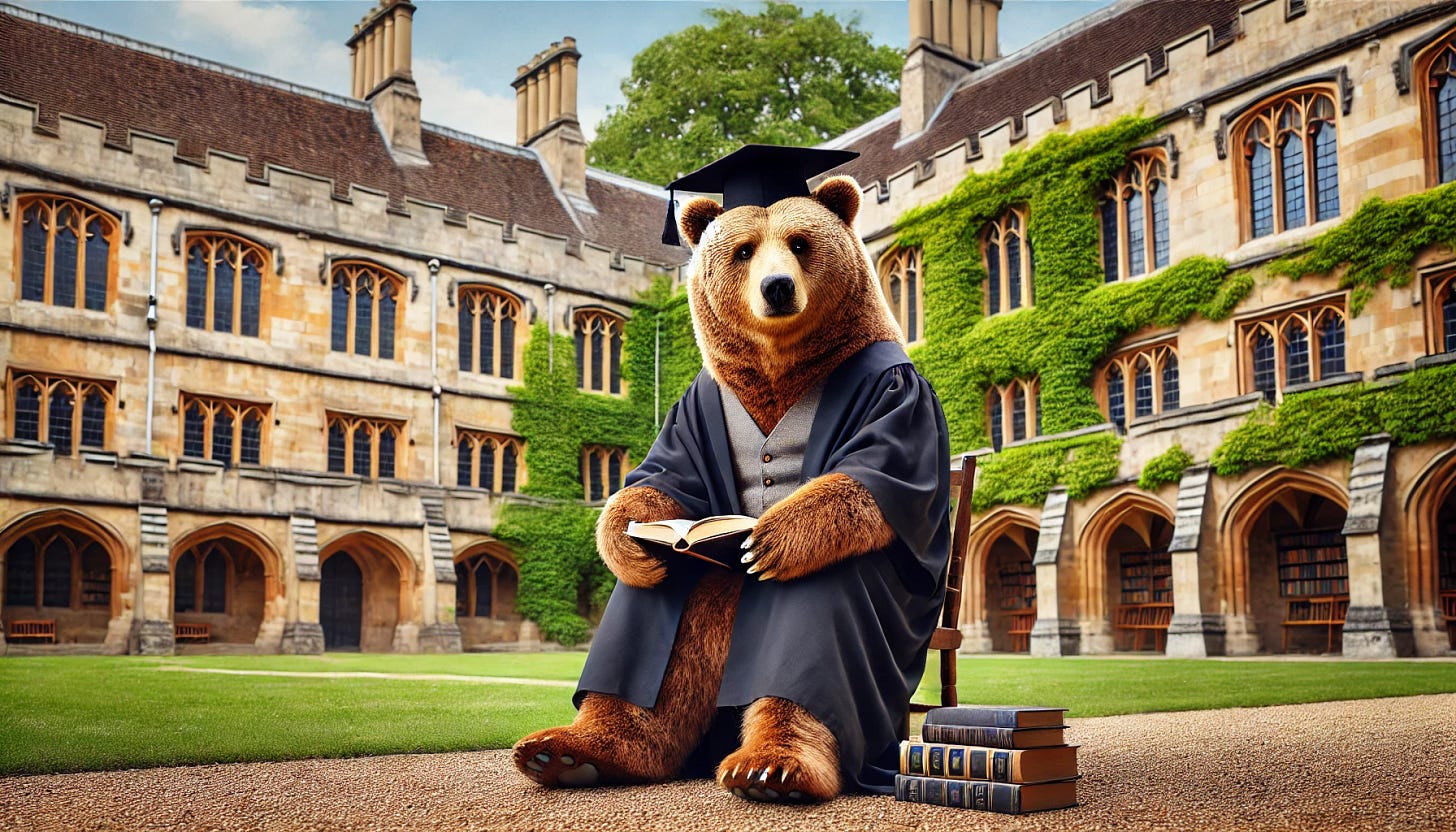 A majestic bear wearing an academic gown and robe sits in a historic university quadrangle. The bear has a wise and contemplative expression, holding a book in one paw. The quadrangle is surrounded by grand, ivy-covered stone buildings with arched walkways and well-manicured lawns. The setting exudes an atmosphere of scholarship and tradition.