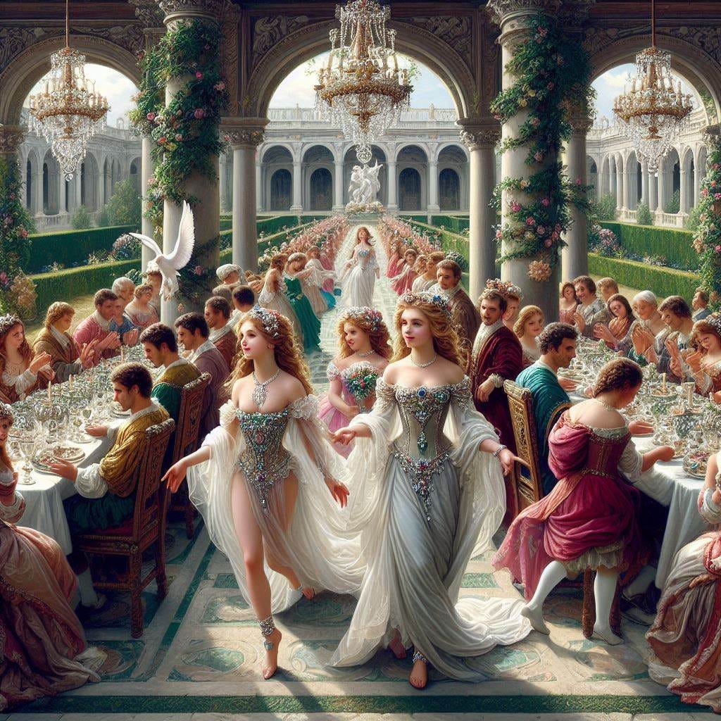 show me an outdoor Renaissance loggia in a garden with angelic girls dressed in pearls, emeralds, diamonds and rubies leading courtly gentlemen to a banquet