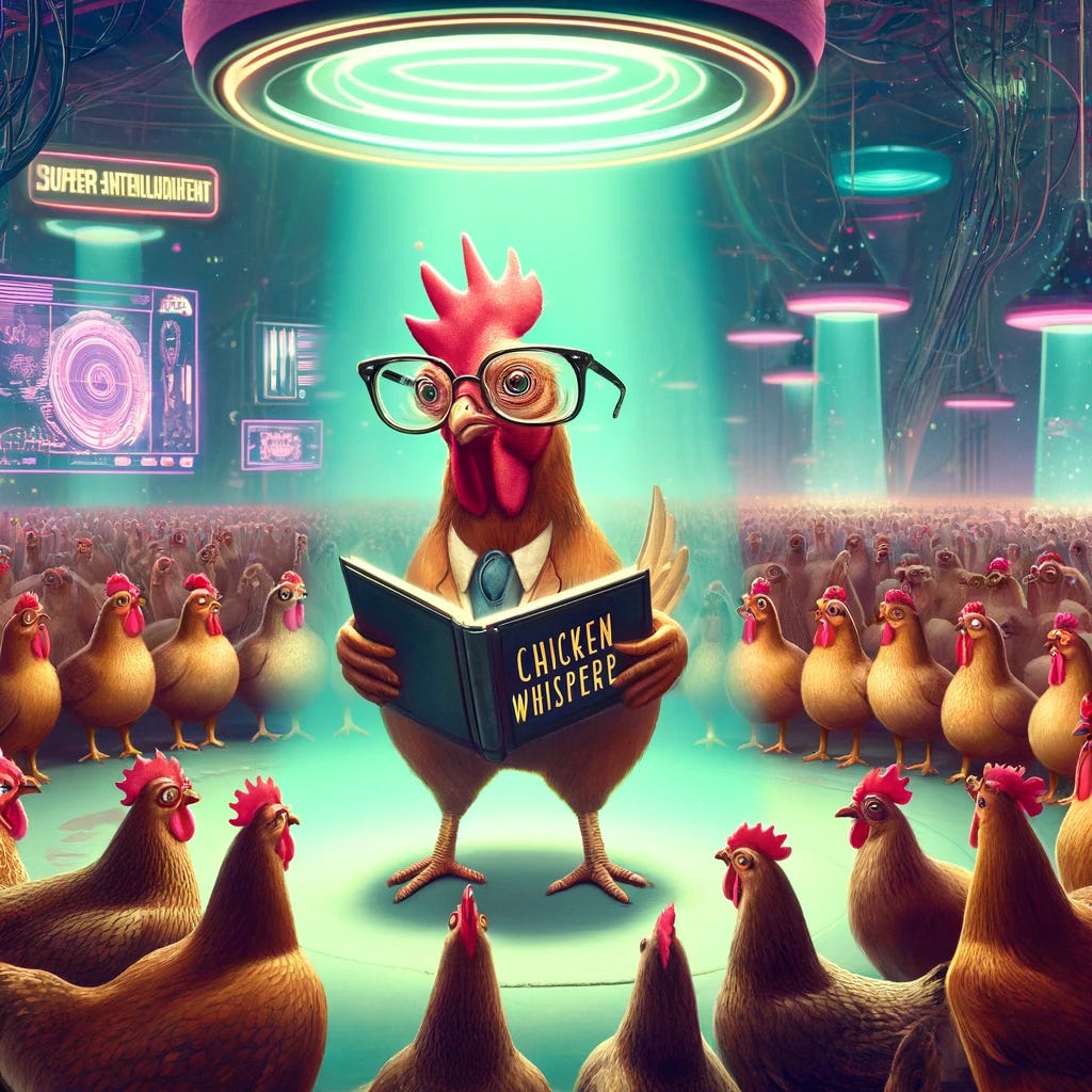 In a distant, futuristic world, a scene depicting super-intelligent chickens gathered around. One chicken, known as the 'Chicken Whisperer,' stands out with spectacles and holding a book titled 'Chicken Creole.' Surrounding chickens display curious expressions, engaged in discussions. The environment is otherworldly with futuristic elements like holographic displays and unusual vegetation, emphasizing an advanced society. The setting is colorful and vibrant, filled with hints of science fiction and whimsy.