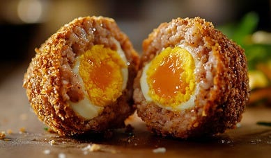 Scotch Egg being sliced open, boiled egg wrapped in sausage meat and breadcrumbs, delicious, UK snack, food 