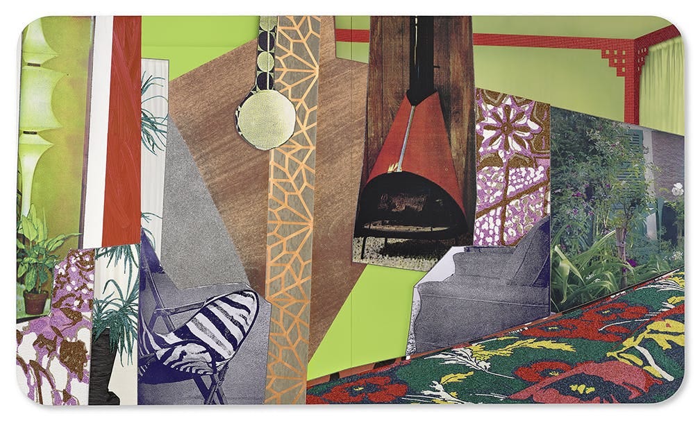 This collage depicts a living area. There is a white light hanging from the ceiling, and different colors and patterns that comprise the walls and decor of the room.