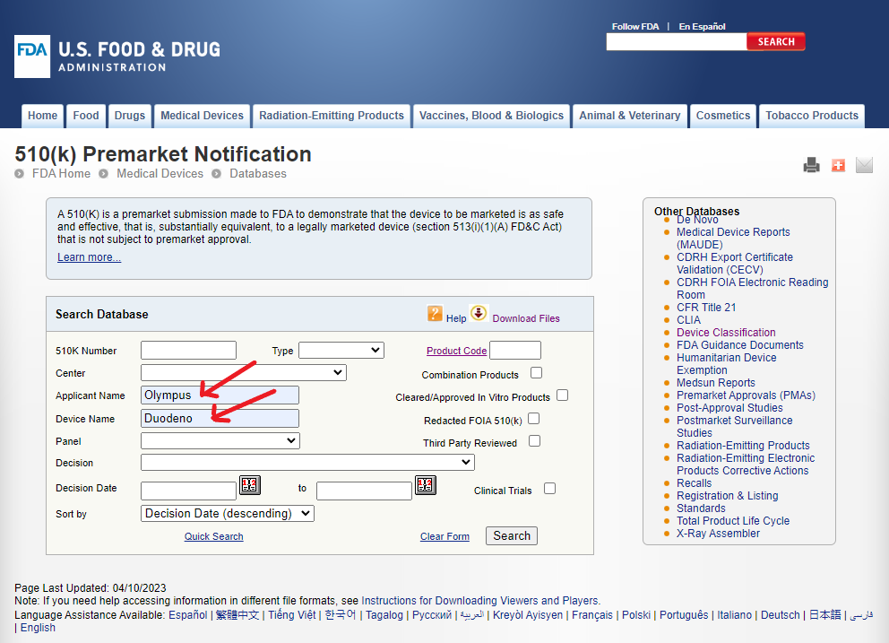 Searching the 510(k) database for "Duodeno" and "Olympus"