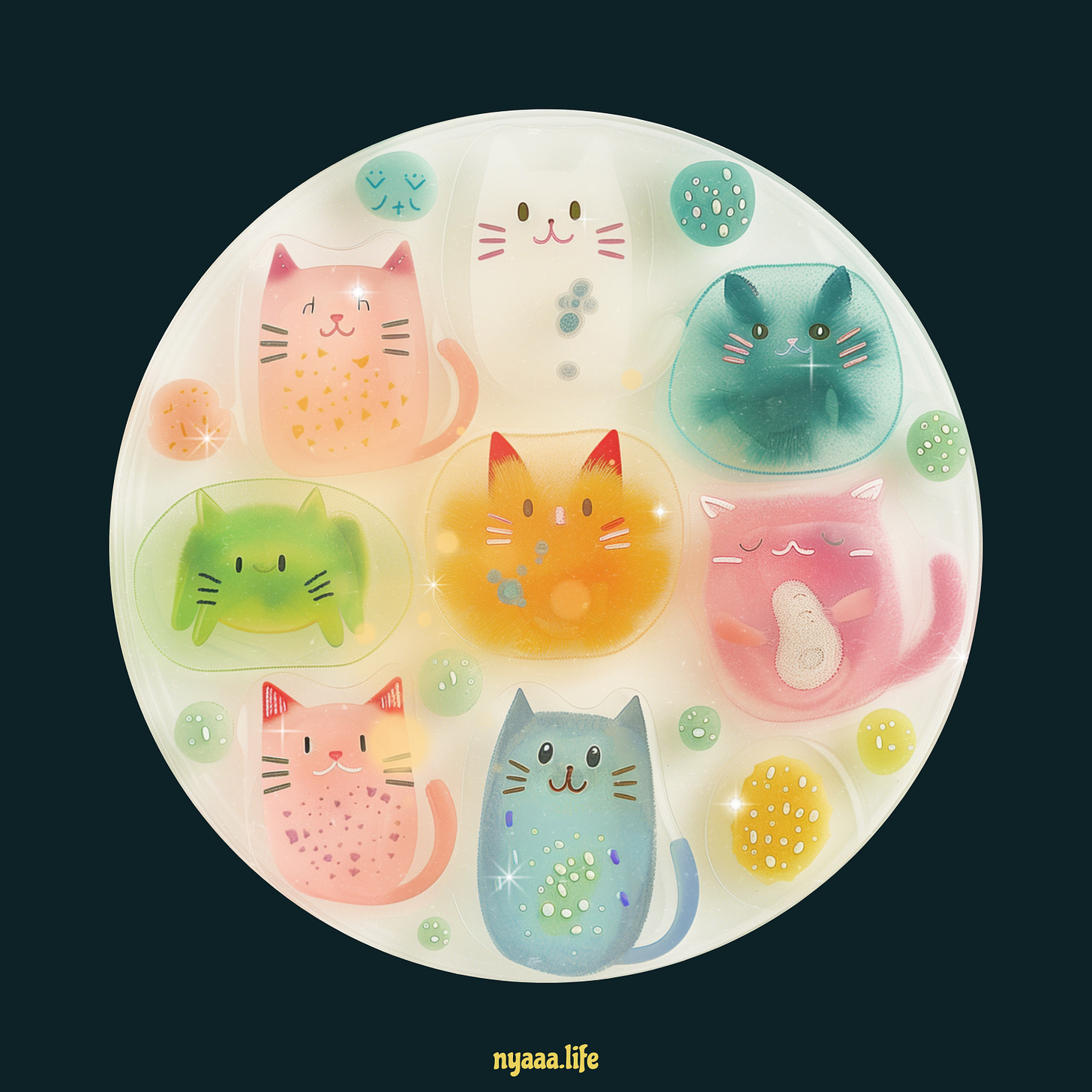 An illustration featuring a collection of colorful, whimsical cats within a circular frame. Each cat has a unique color and pattern, including pink, green, blue, orange, and teal, with some displaying spots or other markings. The cats have cute, happy expressions and are surrounded by small, round shapes resembling bubbles. The background of the circle is a soft, glowing white, while the outer background is dark. At the bottom of the image, the text reads 'nyaaa.life.' The overall design is playful and enchanting.