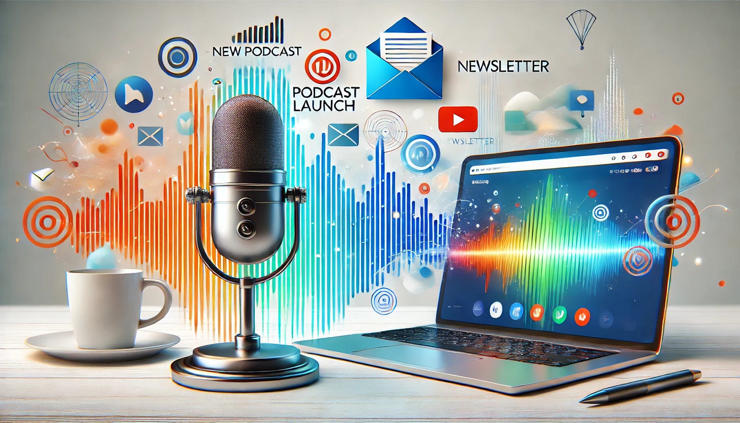 A dynamic illustration of a new podcast launch alongside an updated newsletter. The scene features a modern podcast microphone on a sleek desk, with soundwave graphics emanating from it, symbolizing vibrant audio content. To the side, a stylish laptop screen displays a newsletter interface with vibrant colors, indicating a fresh design. The backdrop is bright and professional, incorporating abstract digital elements like clouds, envelopes, and icons for media platforms to signify connectivity and innovation.
