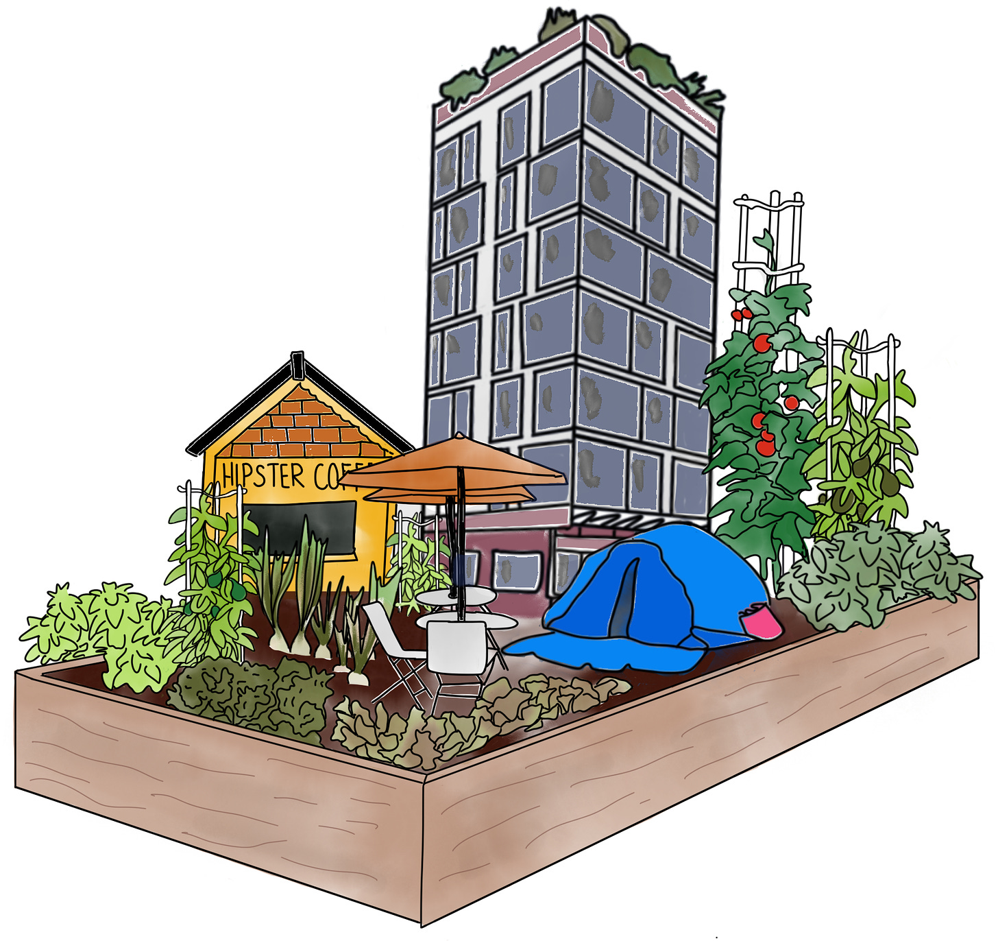 A community garden box growing vegetables as well as housing a new high-rise codo building, a tent, and a "hipster" coffee shop.