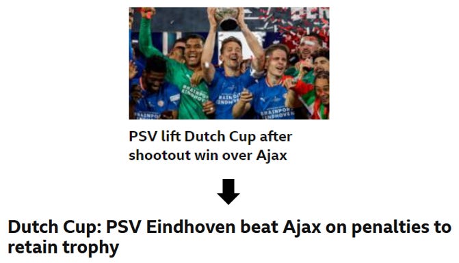 A recent BBC Sport article with a different internal link headline.