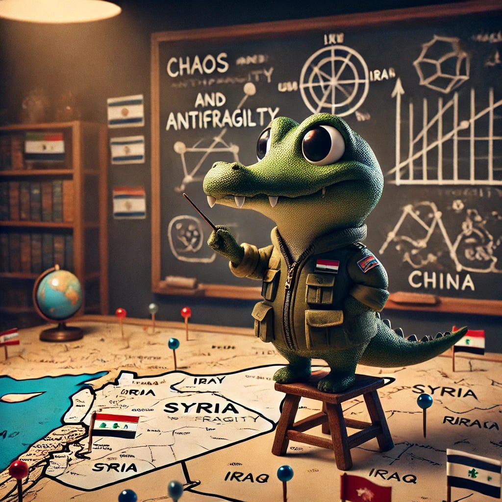 A small, cute, anthropomorphic gator named Croaky in a dramatic war-room setting. Croaky is standing on a stool to reach a large, detailed map of the Middle East spread across a table. The map is marked with pins and miniature flags representing different countries and factions (Israel, Iran, Syria, Russia, China). Croaky is wearing a military-style jacket and holding a pointer stick, gesturing thoughtfully toward Syria. Behind him, a chalkboard is filled with equations and diagrams representing chaos theory and fragility. A bookshelf to the side contains books labeled 'Libya,' 'Iraq,' and 'Chaos and Antifragility.' The room is dimly lit with an overhead light casting dramatic shadows, symbolizing the gravity of the scene. A small storm cloud icon hovers over Syria on the map, while rays of light pierce near Israel, representing chaos and resilience.