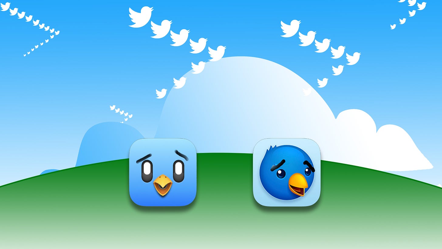 Two icons from Twitter third party companies are grounded while the Twitter icon flies overhead in migratory formations