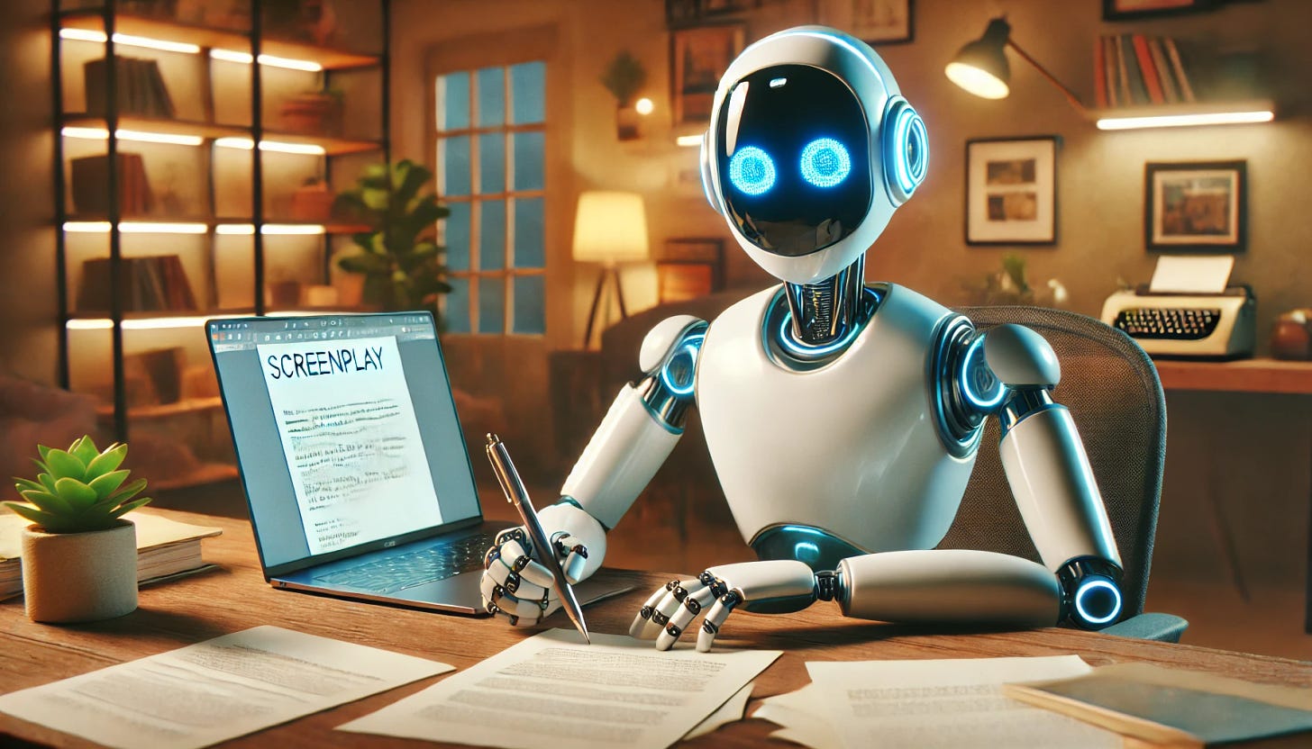 A friendly robot sitting at a desk in a cozy, modern workspace, writing a screenplay. The robot has a humanoid appearance with a sleek and futuristic design, glowing blue eyes, and expressive features. It is holding a pen and surrounded by sheets of paper, with a laptop open displaying screenplay text. The room has warm lighting, a plant on the desk, and a bookshelf in the background. The scene feels creative and inviting.