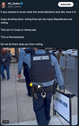 X user @DC_Draino fake claim that Republicans were not allowed to vote in Bucks County, PA on Oct 27, 2024