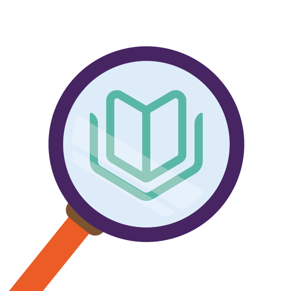 A purple magnifying glass shows an open book in teal in its glass 