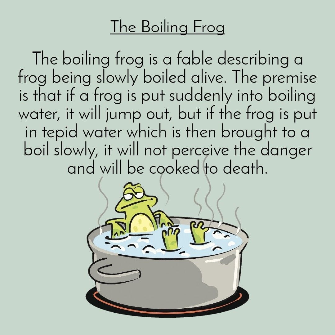 The boiling frog is a fable describing a frog being slowly boiled alive ...