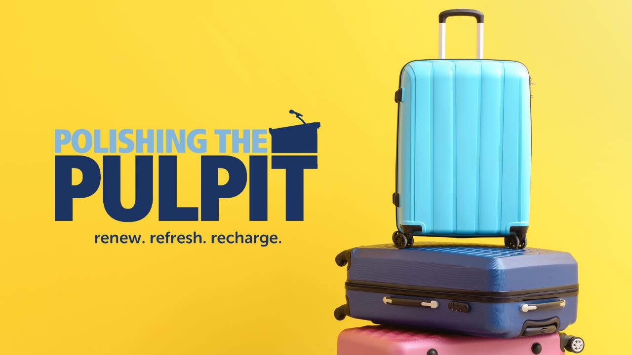 Suitcases on a yellow background next to the Polishing the Pulpit logo.