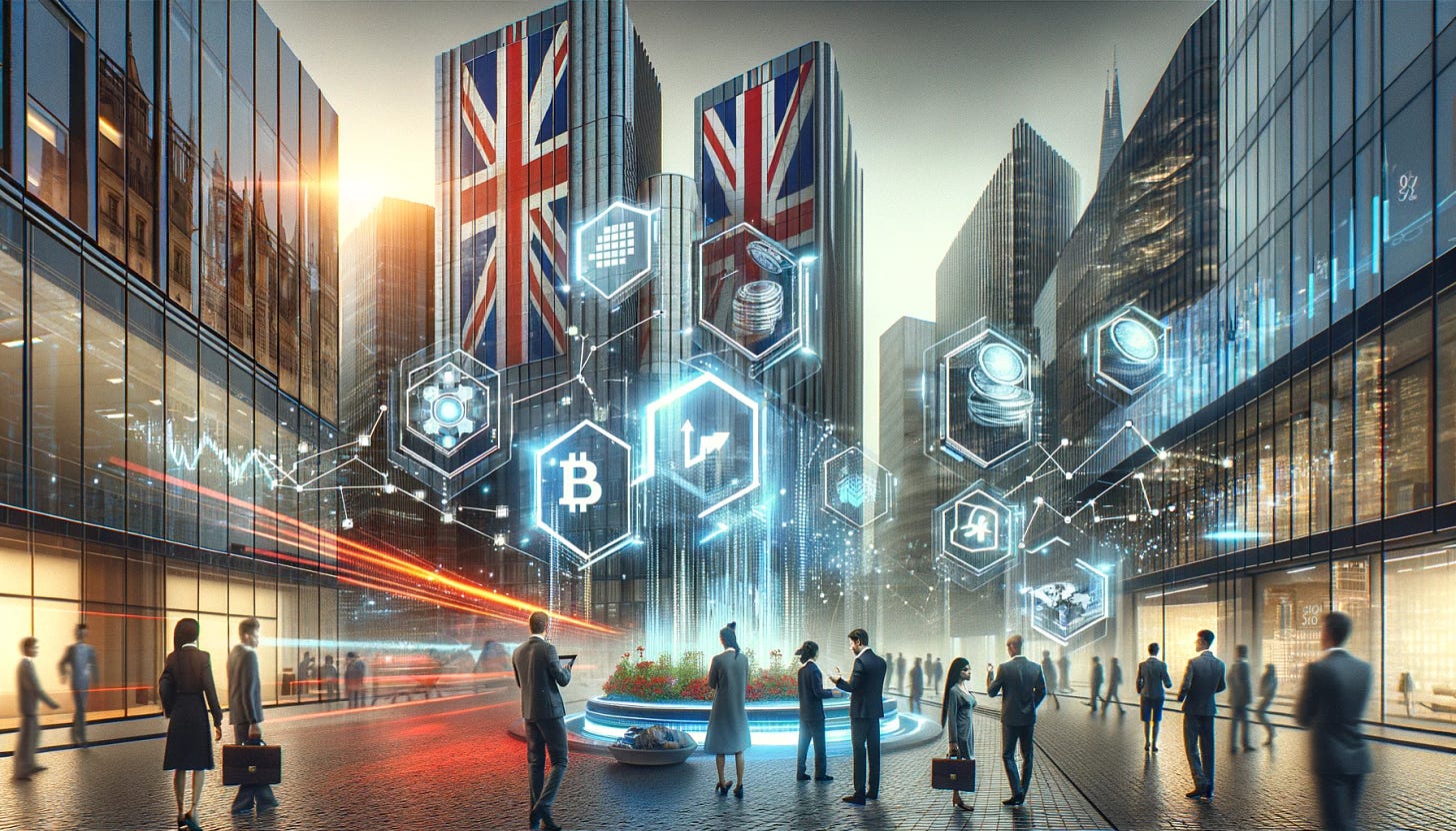 A futuristic financial district in the UK, showcasing sleek, modern skyscrapers with digital screens displaying graphs and symbols representing blockchain and tokenization. The scene includes people of various descents interacting with holographic interfaces, symbolizing easy access to investment funds. The atmosphere is dynamic, with a blend of traditional finance and cutting-edge technology, illustrating the concept of fund tokenization and blockchain integration in finance. Visible in the background is a prominent display of the UK flag, signifying the country's leadership in this innovation.