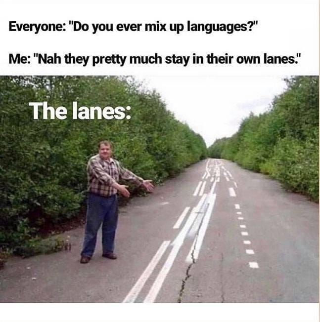 Meme text: Everyone: “Do you ever mix up languages?” Me: “Nah, they pretty much stay in their own lanes.” Meme image: A man gestures toward terribly painted, uneven, intersecting lane markings in the middle of a narrow, tree-lined road.