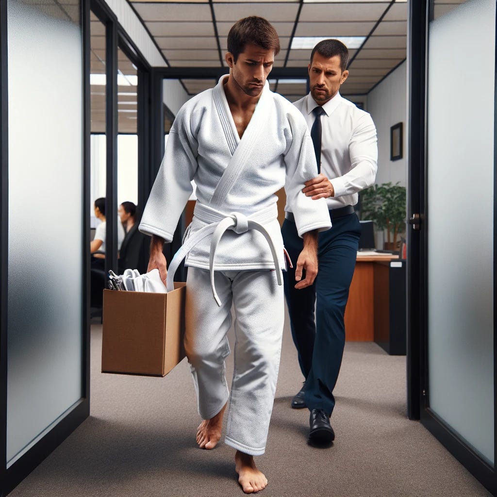 A man in a white Brazilian jiu-jitsu gi and a white belt, symbolizing a beginner, is being escorted out of an office. He carries a box filled with personal belongings, indicating he has been fired. The scene captures a contrast between the martial arts attire and the corporate office environment, emphasizing his unexpected situation. The office background should show typical elements like doors, a hallway, and other office-related decor.